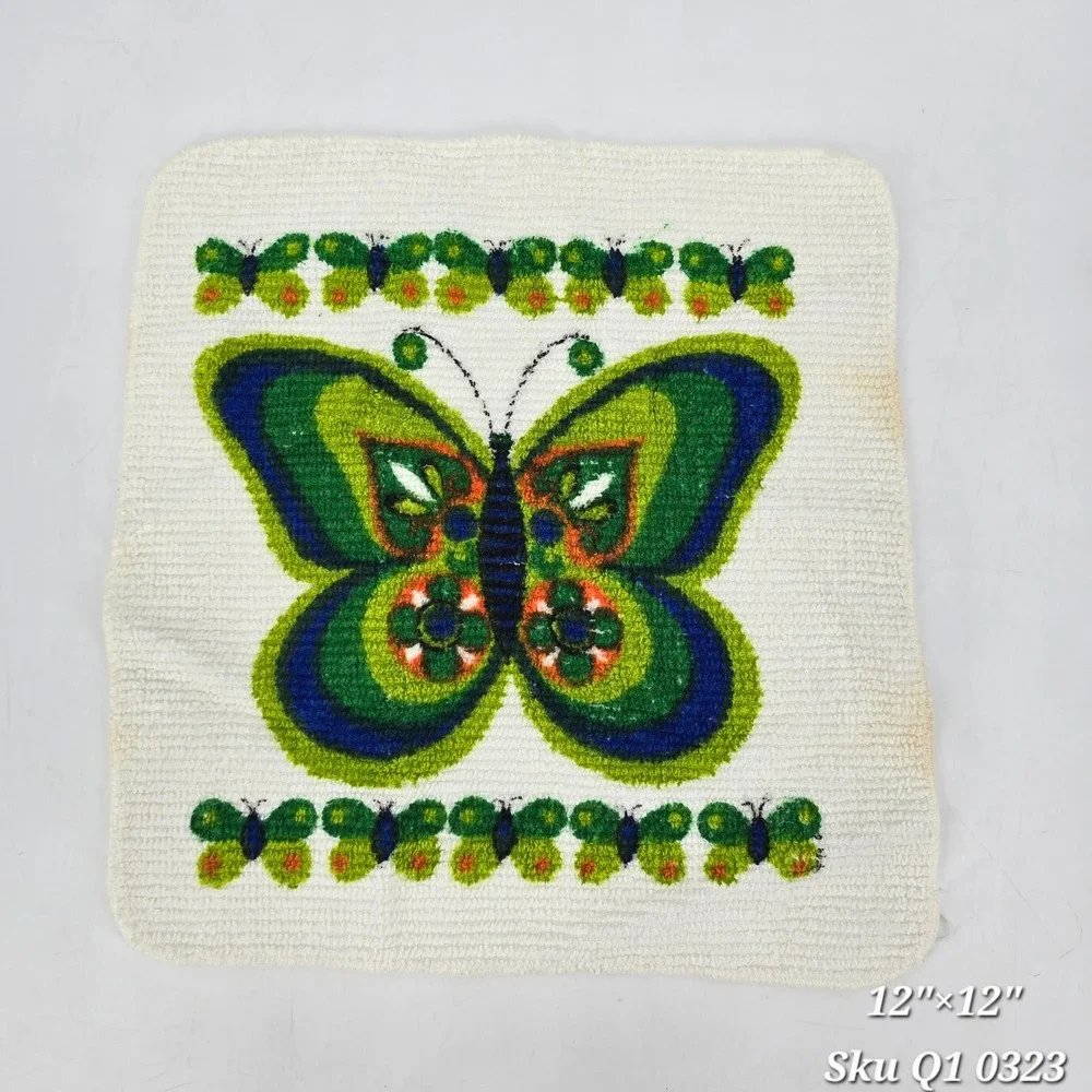 Vintage Butterfly Washcloth 12x12 Retro Green Blue Terry Cloth Bath Wash Cloth